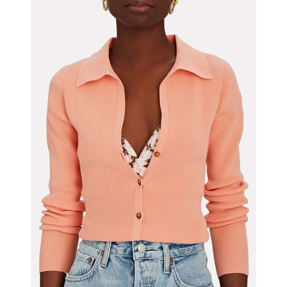 INTERMIX Tops - Intermix Audrey Rib Knit Polo Top Orange Salmon Button-Up Collared Sweater